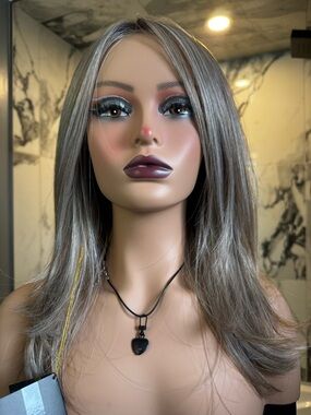 Silver Ash Brown Layered Straight Wig with Natural Highlights